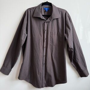 Egara Men's Brown/Charcoal Striped Non-Iron Dress Shirt Size 17 34/35 Slim Fit